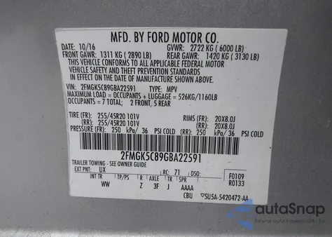 2016 Ford Flex Sel from USA, damaged, VIN 2FMGK5C89GBA22591